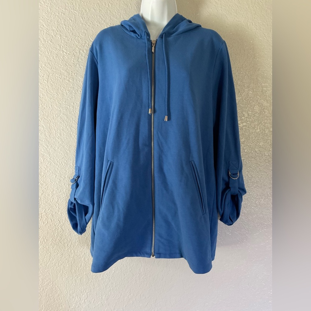 Susan Graver Weekend 1X zip up hoodie roll up sleeves faux pockets soft inside